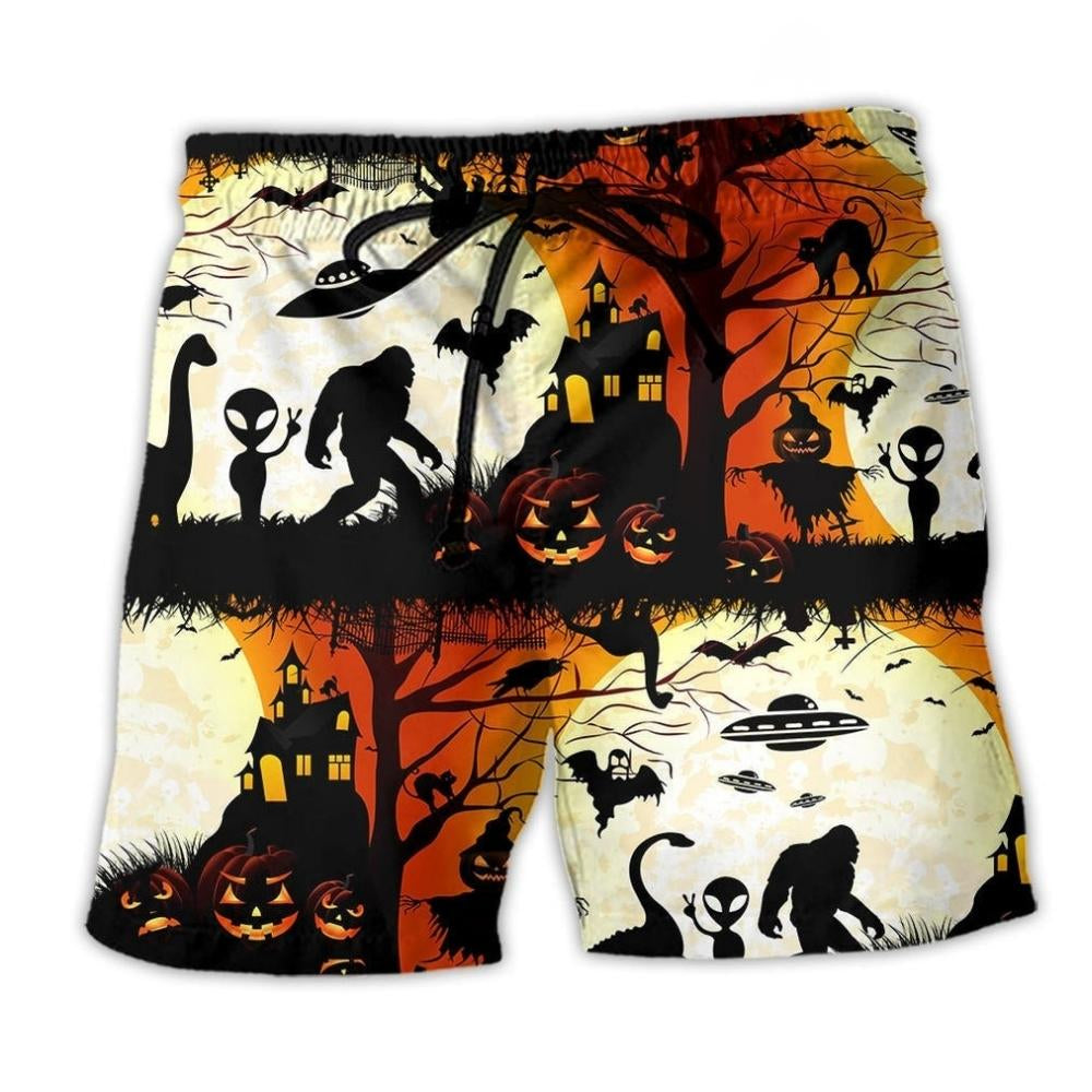 Halloween Bigfoot UFO Humor Beach Shorts Print Detail For Dark Fantasy Summer Style
