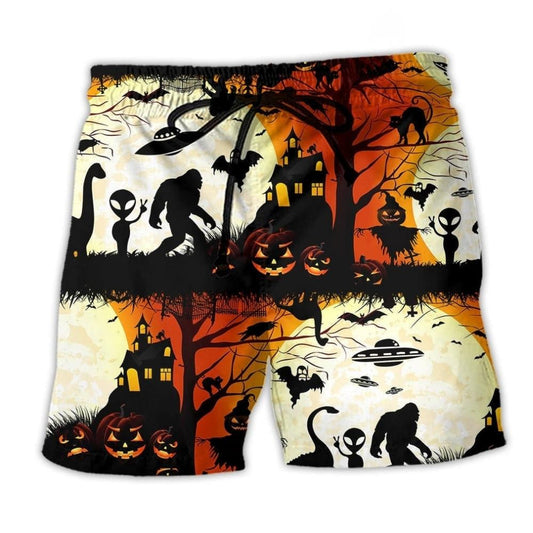 Halloween Bigfoot UFO Humor Beach Shorts Print Detail For Dark Fantasy Summer Style