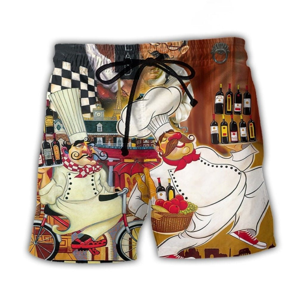 Funny Chef Cooking Vintage Dinner Time Beach Shorts Artwork Detail For Comfortable Everyday Summer Wear