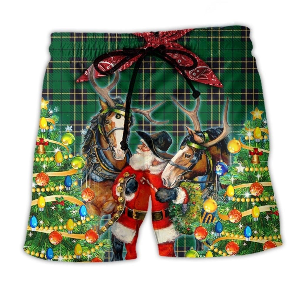 Green Santa Cowboy Christmas Beach Shorts For Seaside Travel And Flexible Everyday Wear