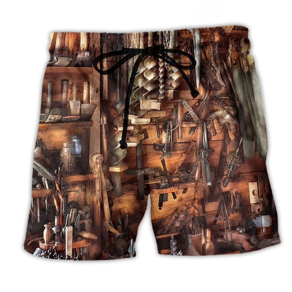 Carpenter Tools Retro Workshop Beach Shorts Artwork View For Seaside Trips And Casual Style