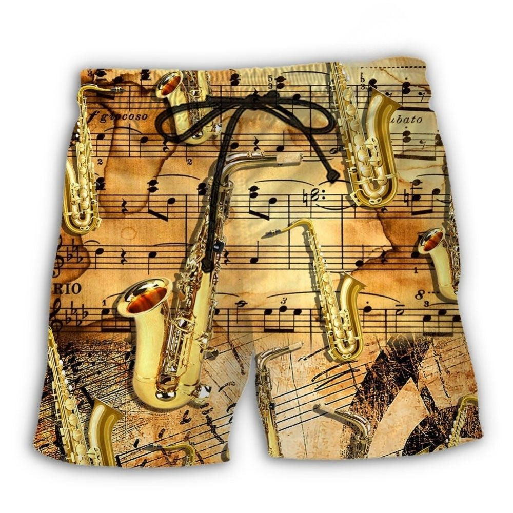 Golden Saxophone Retro Music Beach Shorts For Sunny Day Getaways And Bright Summer Outfits