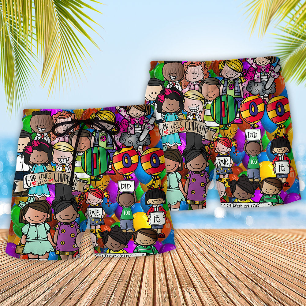 School Celebration 100 Days Fun Beach Shorts Artwork Detail For Tropical Travel And Everyday Wear
