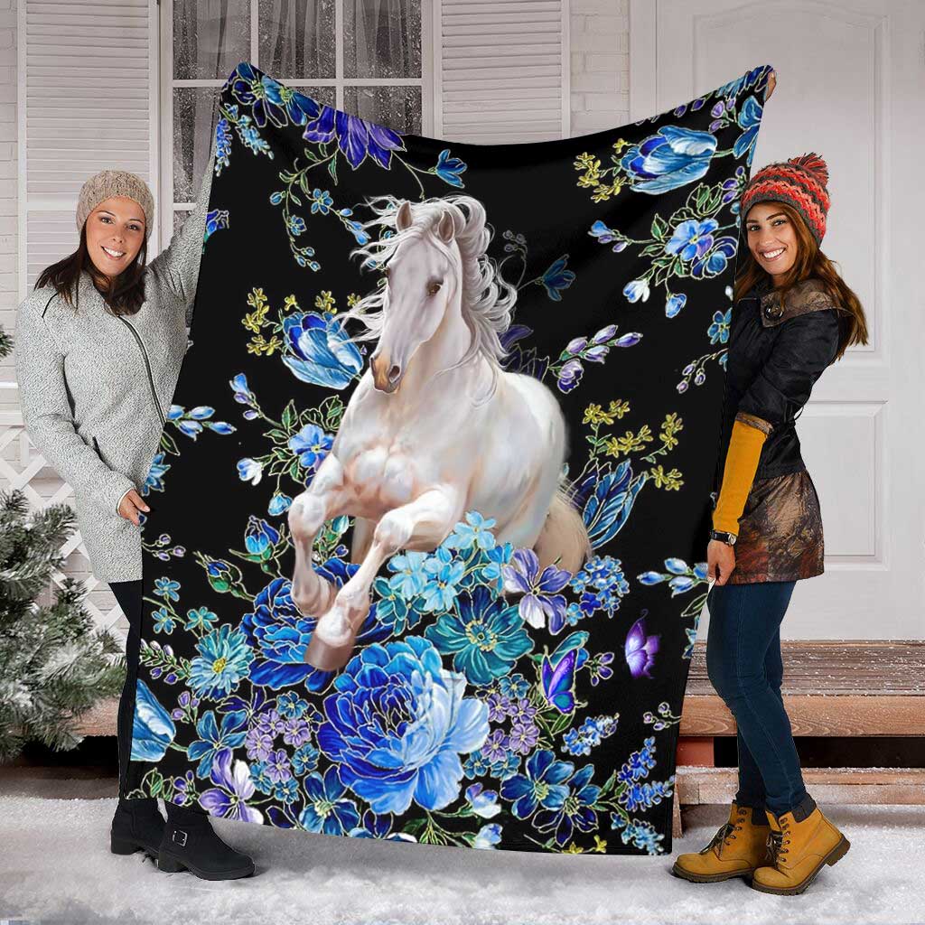 Horse Blue And White Floral Flannel Blanket For Cozy Bedroom Sofa Decor