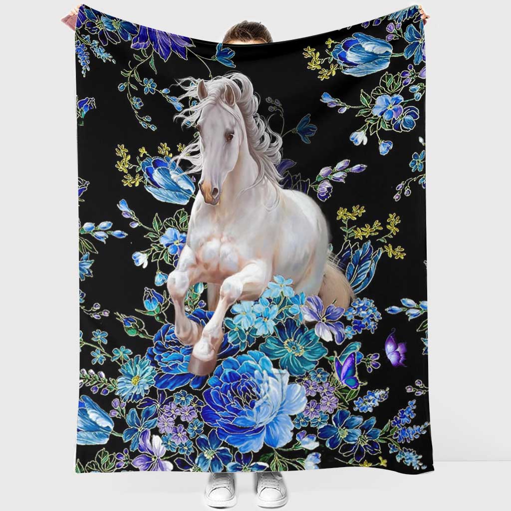Horse Blue And White Floral Flannel Blanket For Cozy Bedroom Sofa Decor