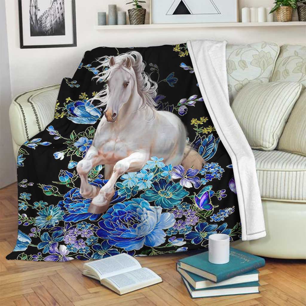 Horse Blue And White Floral Flannel Blanket For Cozy Bedroom Sofa Decor