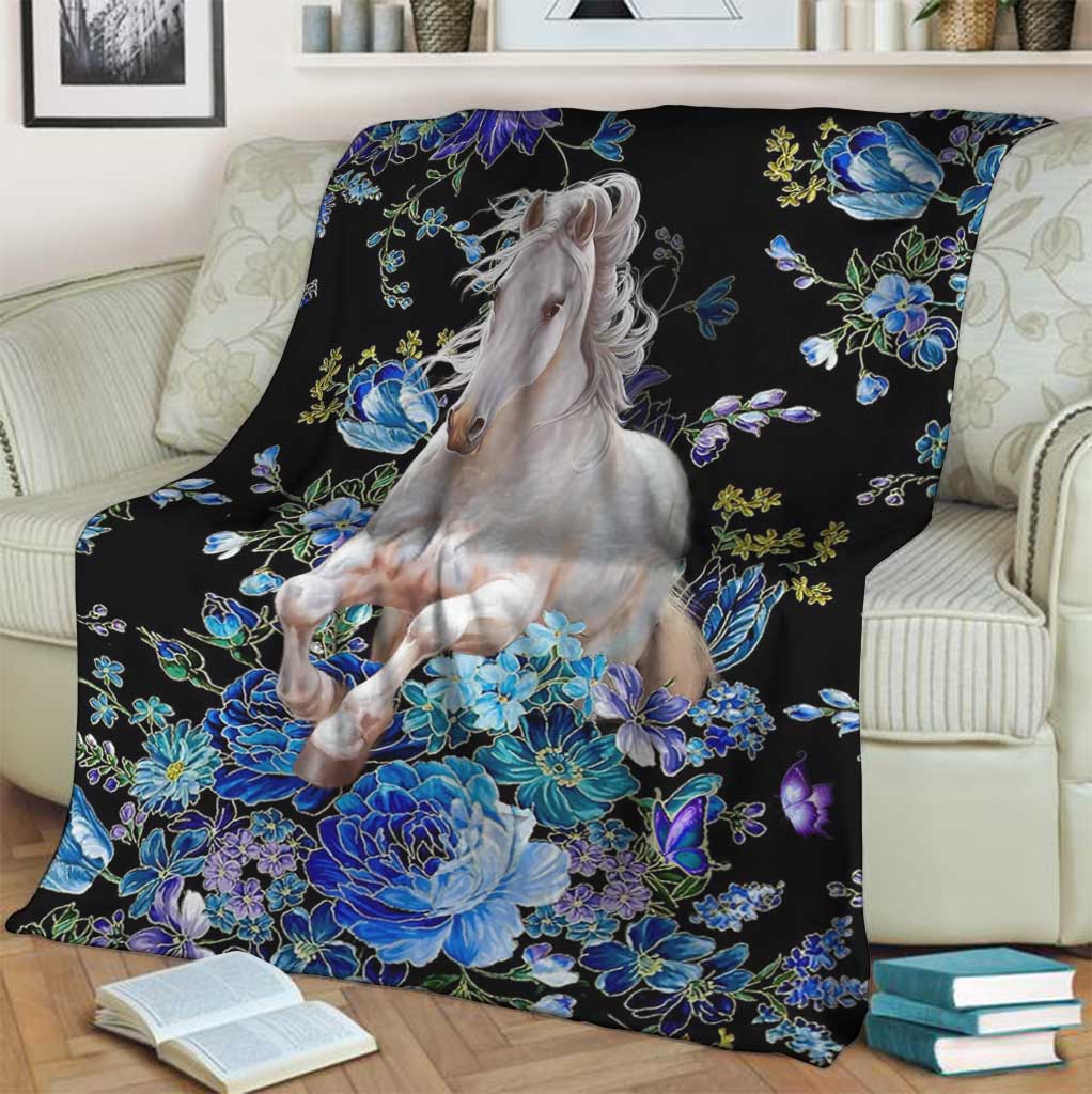 Horse Blue And White Floral Flannel Blanket For Cozy Bedroom Sofa Decor