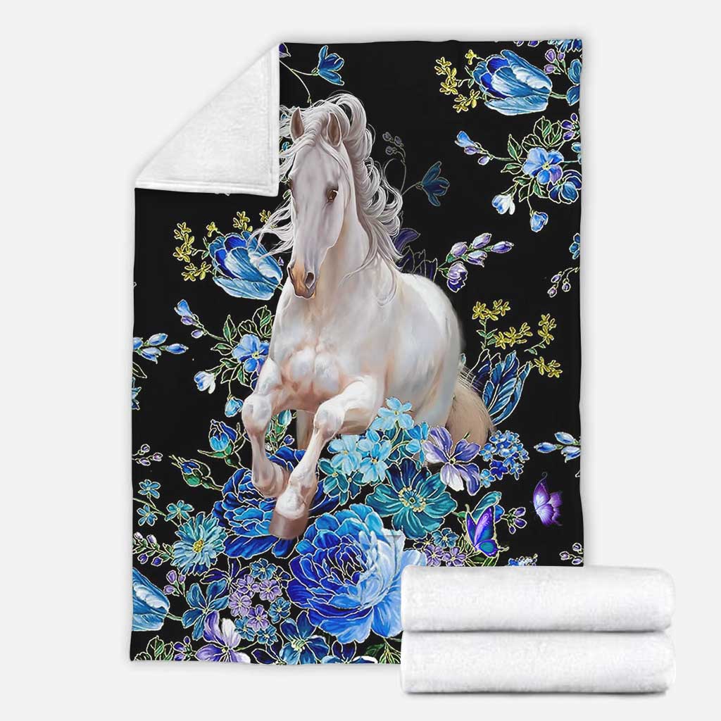 Horse Blue And White Floral Flannel Blanket For Cozy Bedroom Sofa Decor