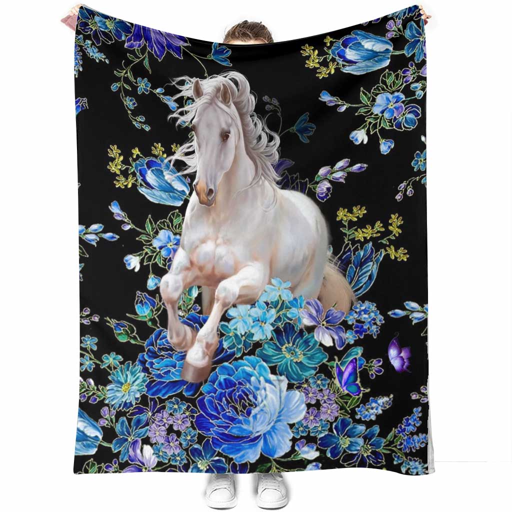 Horse Blue And White Floral Flannel Blanket For Cozy Bedroom Sofa Decor