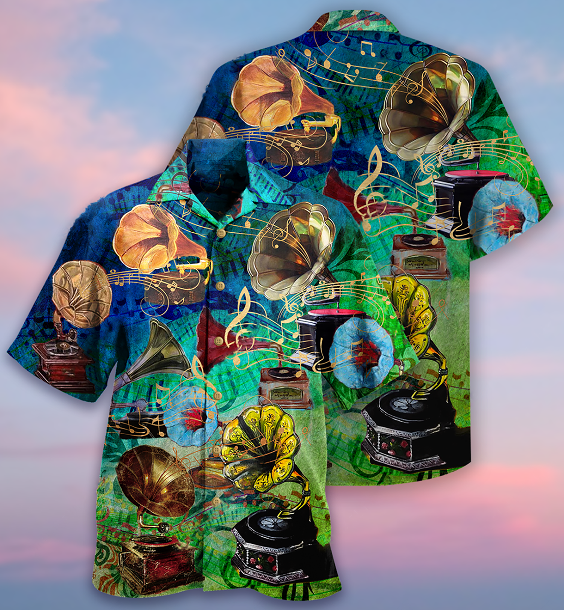 Gramophone Hawaiian Shirt With Detailed Graphic For Summer Travel Coastal Events And Thoughtful Gift Giving
