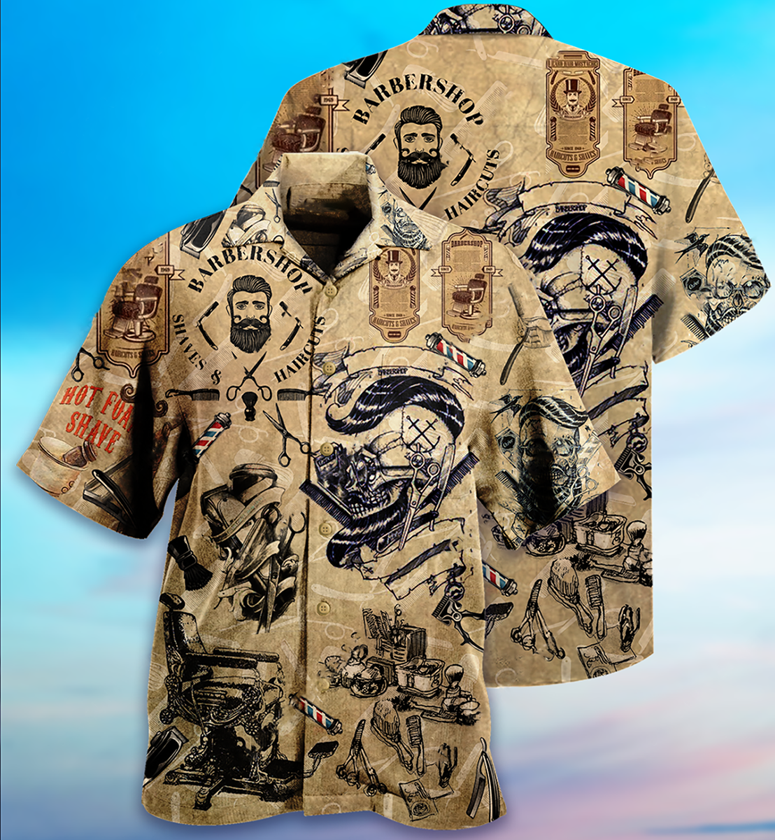 Vintage Barber Hawaiian Shirt With Detailed Graphic For Summer Vacation Beach Travel And Casual Wear