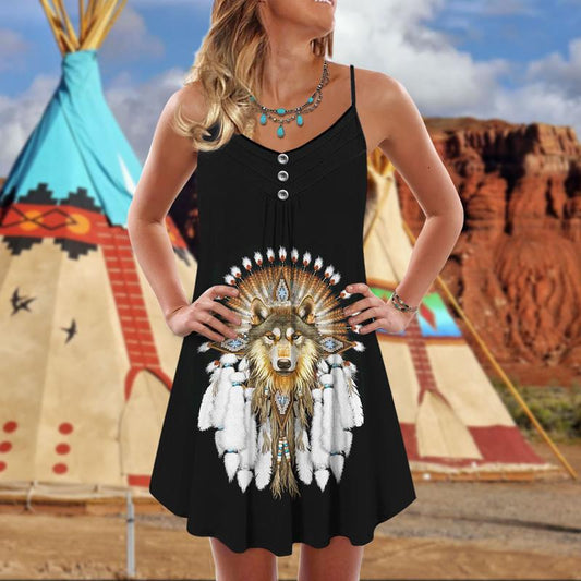 Native Wolf And Black Peaceful Vibes Limited – Women's Summer Sleeveless V-Neck Camisole Dress
