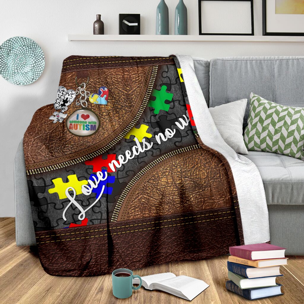 Autism Awareness Love Needs No Words Leather Pattern Flannel Blanket For Cozy Bedroom Sofa Decor