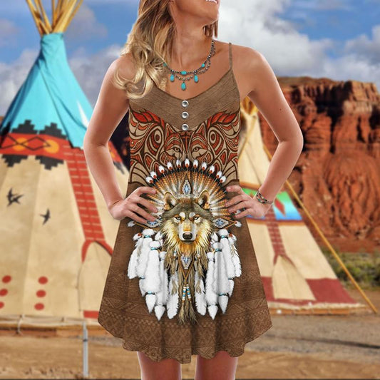 Native Wolf Peaceful Vibes Limited 1 – Women's Summer Sleeveless V-Neck Camisole Dress