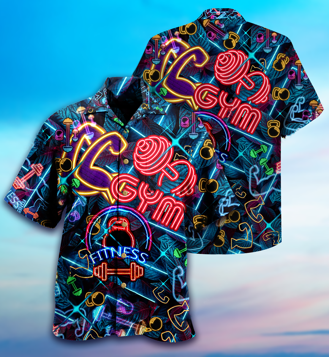 Neon Fitness Hawaiian Shirt With Detailed Graphic For Resort Travel Summer Outings And Casual Gatherings