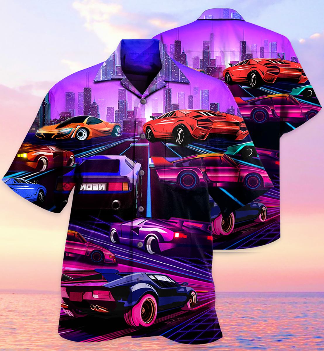 Purple Classic Car Hawaiian Shirt With Detailed Graphic For Island Holidays Summer Parties And Casual Outdoor Wear