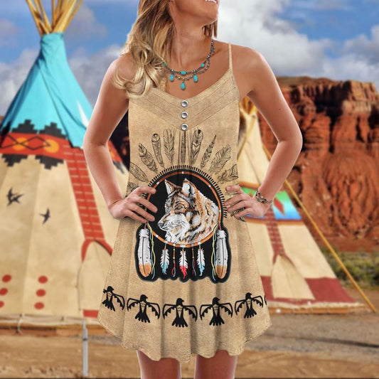 Native Wolf Peaceful V-Neck Sleeveless Cami Dress For Weekend Travel And Expressive Casual Fashion