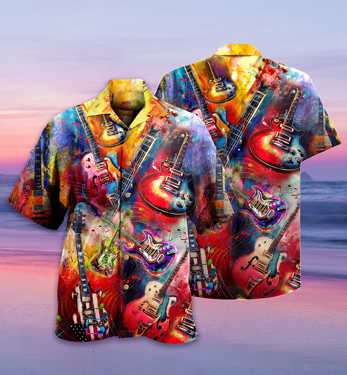 Colorful Guitar Hawaiian Shirt With Detailed Graphic For Warm Weather Adventures Parties And Daily Comfort
