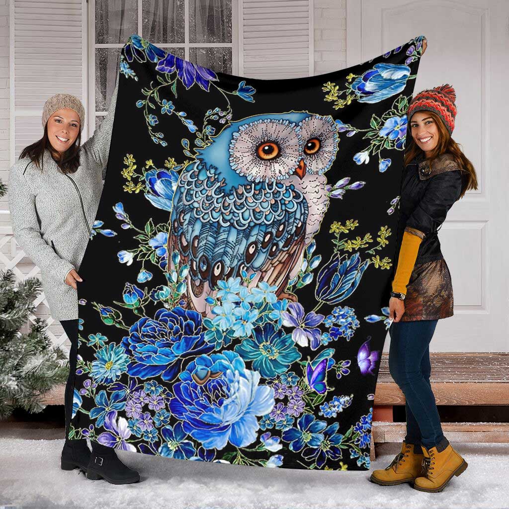 Owl Blue Floral Flannel Blanket For Cozy Bedroom Sofa Decor