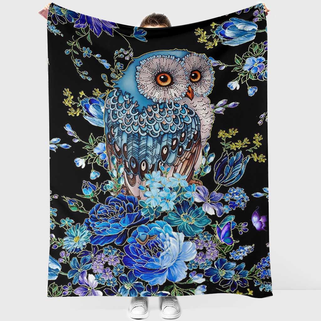 Owl Blue Floral Flannel Blanket For Cozy Bedroom Sofa Decor