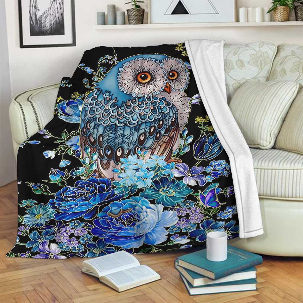 Owl Blue Floral Flannel Blanket For Cozy Bedroom Sofa Decor