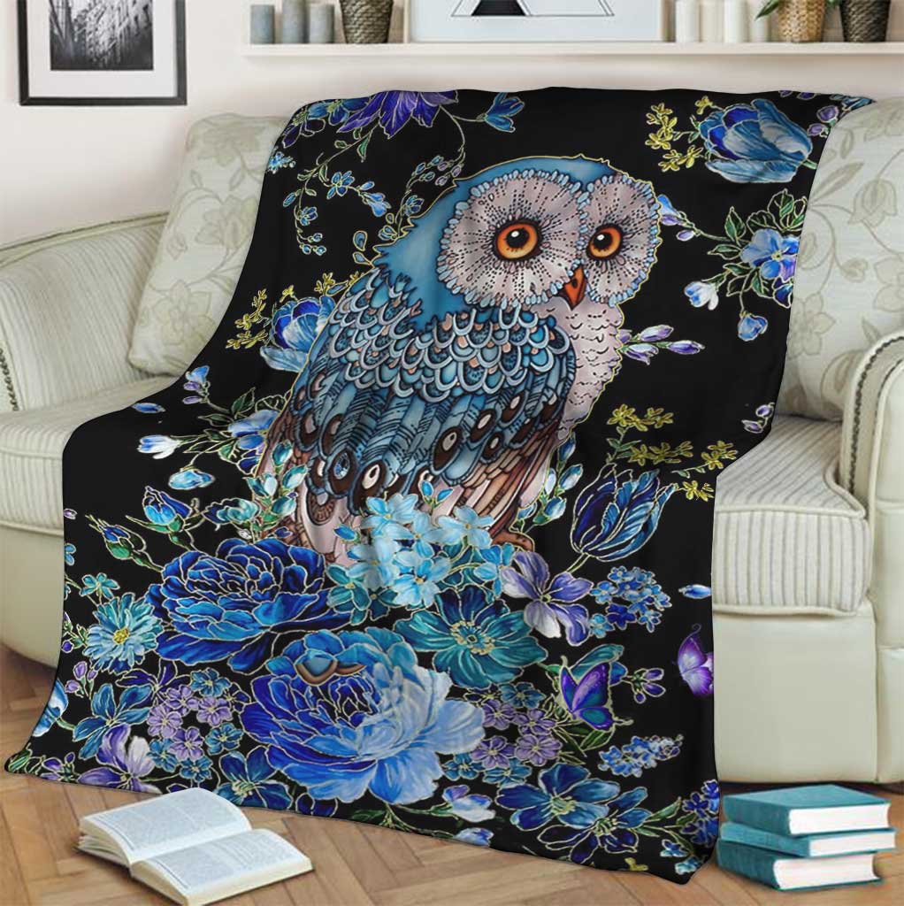Owl Blue Floral Flannel Blanket For Cozy Bedroom Sofa Decor