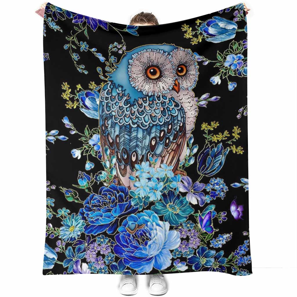 Owl Blue Floral Flannel Blanket For Cozy Bedroom Sofa Decor