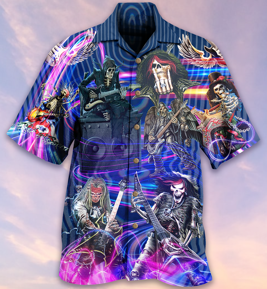 Purple Guitar Skull Music Hawaiian Shirt Design Detail For Beach Days And Holiday Travel