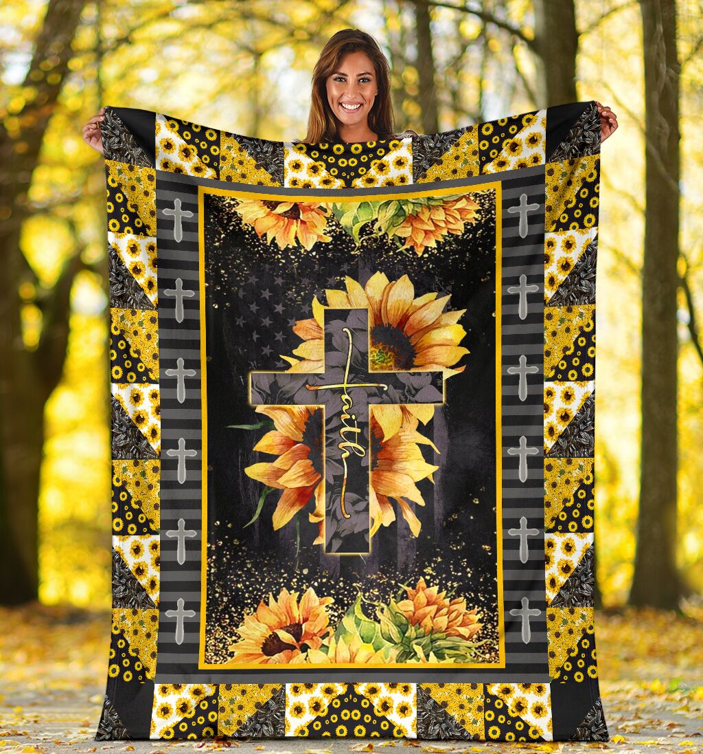 Jesus Cross On Sunflower Christian Flannel Blanket For Cozy Bedroom Sofa Decor