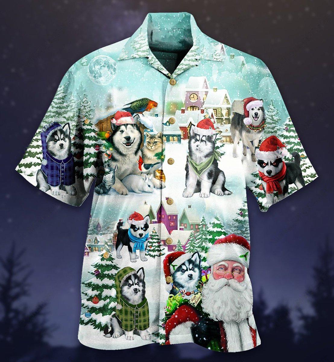 Festive Christmas Husky Hawaiian Shirt Design Detail For Sunny Adventures And Casual Wear