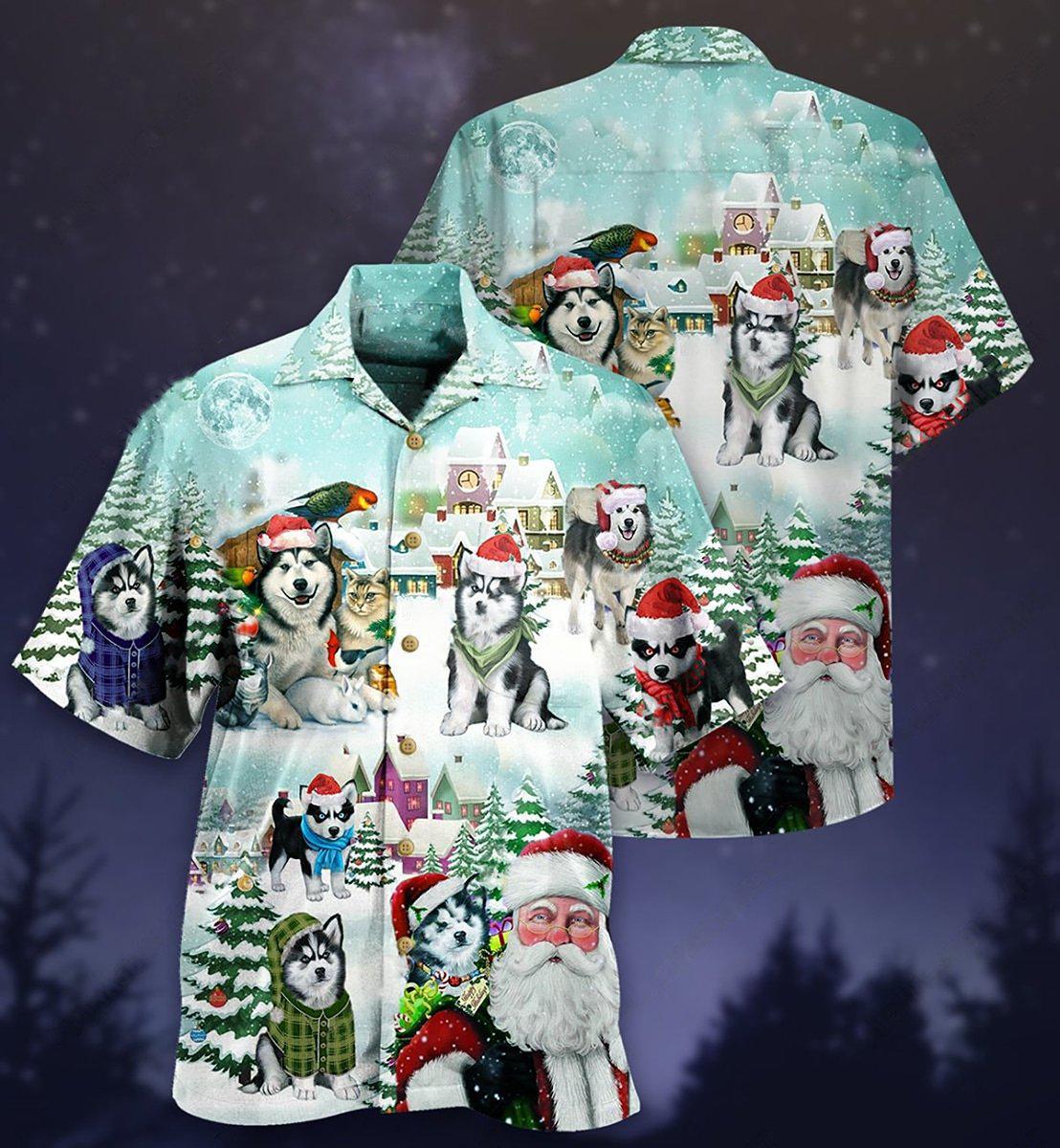 Festive Christmas Husky Hawaiian Shirt For Resort Getaways And Comfortable Summer Activities