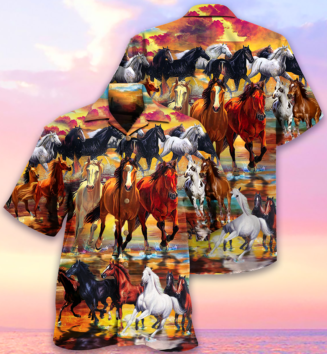Horse Run Hawaiian Shirt Pattern Detail For Summer Holidays And Outdoor Fun