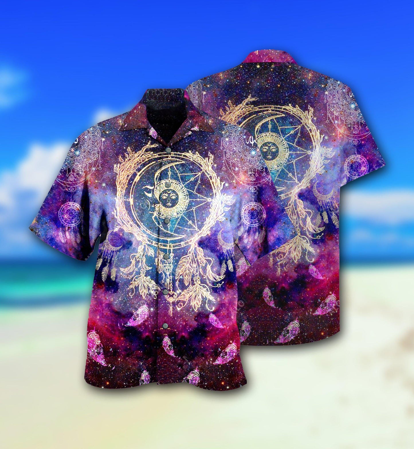 Bohemian Mystical Dreamcatcher Moon Smiling Galaxy Hawaiian Shirt For Resort Getaways And Comfortable Summer Activities