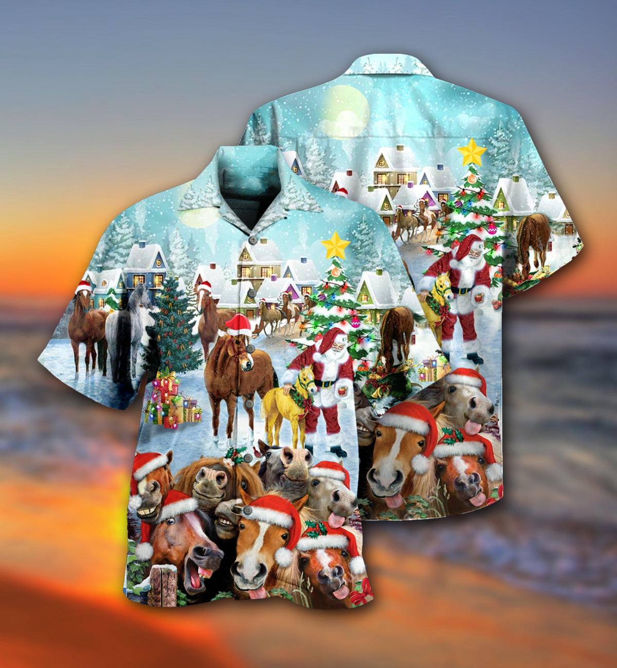 Happy Horse Christmas Hawaiian Shirt Design Detail For Sunny Adventures And Casual Wear
