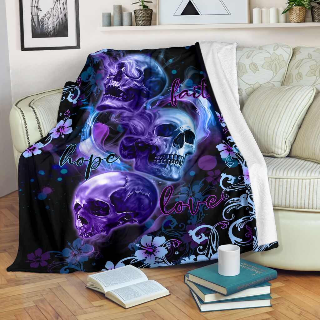 Skull Faith Hope Love Tropical Floral Flannel Blanket For Cozy Bedroom Sofa Decor
