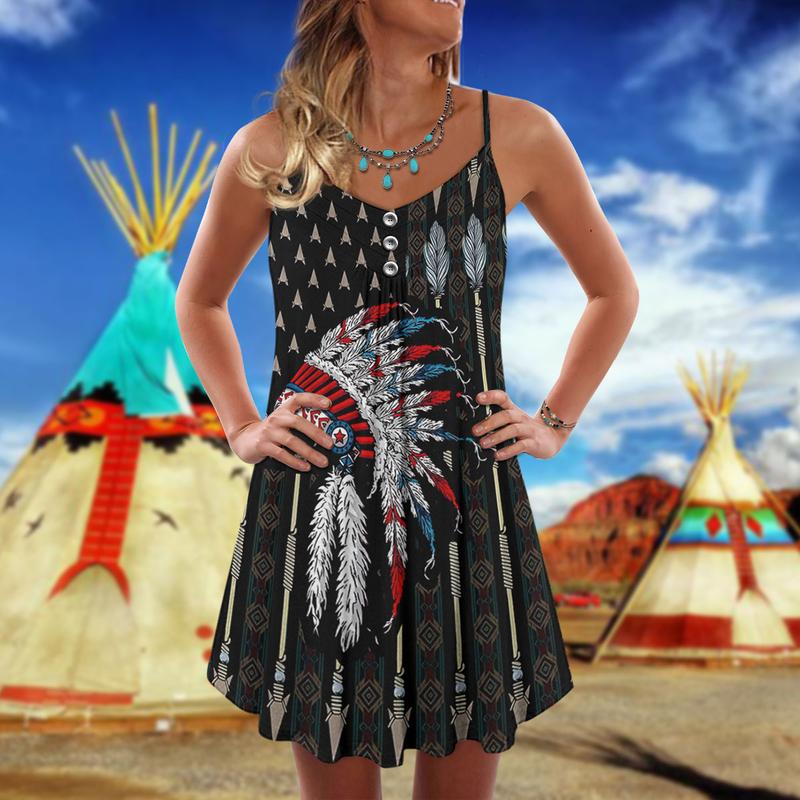 Native America V-Neck Sleeveless Cami Dress For Outdoor Events And Relaxed Patriotic Style