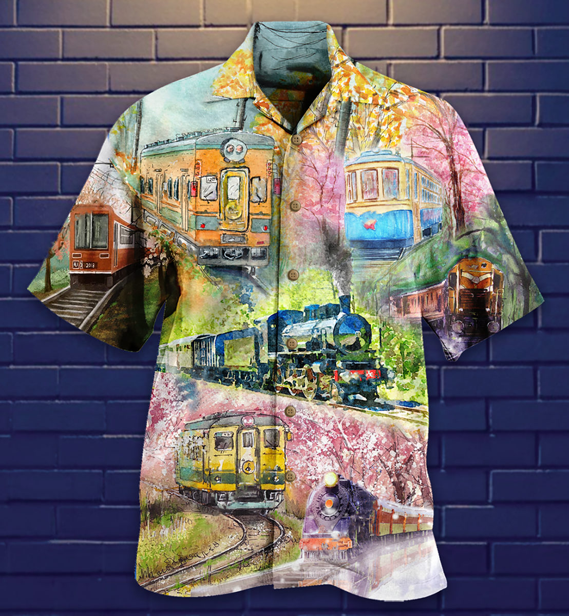 Floral Train Hawaiian Shirt Pattern Detail For Summer Holidays And Outdoor Fun