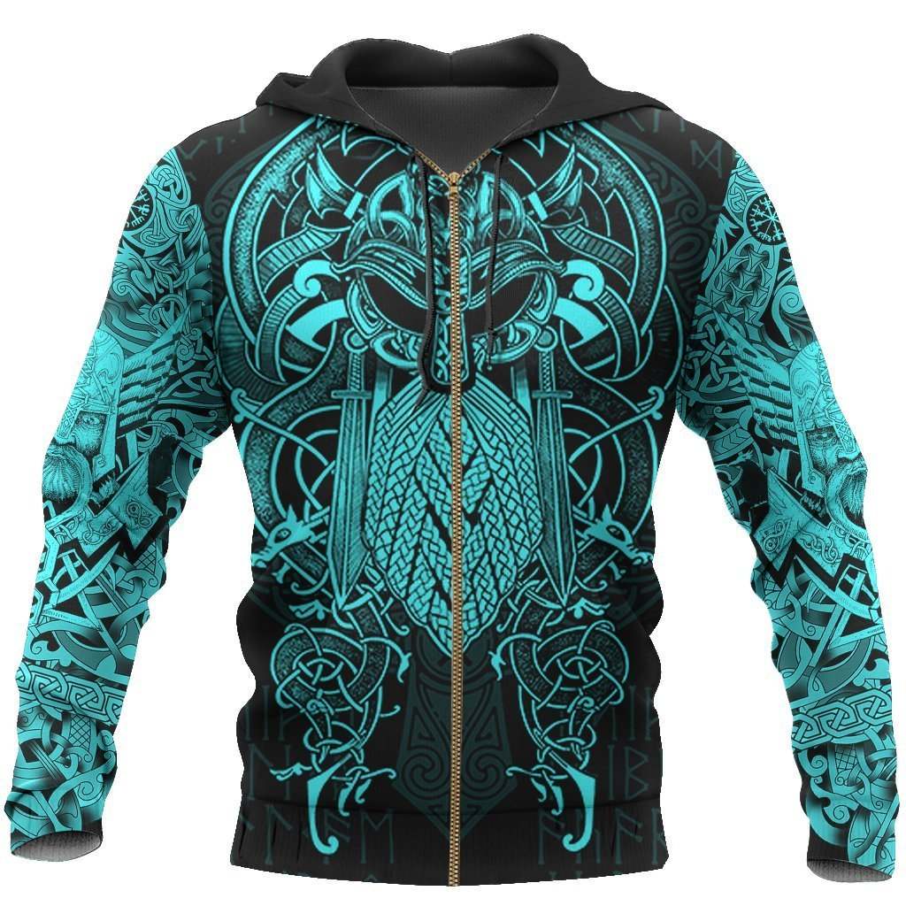 Blue Viking Raven Odin Tattoo Hoodie For Outdoor Adventures Travel And Powerful Everyday Styling