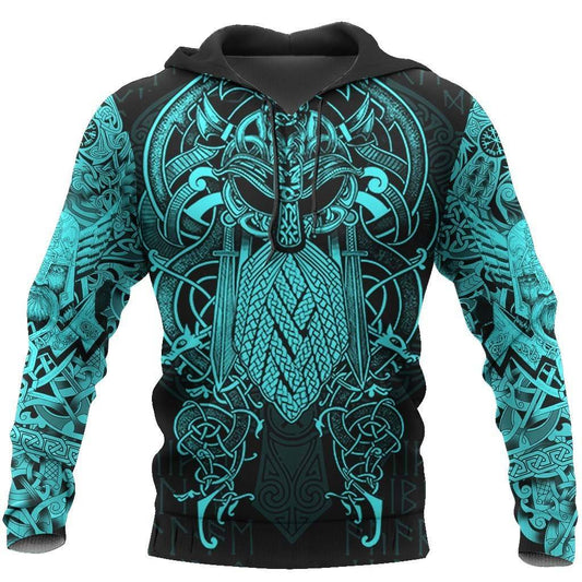 Blue Viking Raven Odin Tattoo Hoodie For Outdoor Adventures Travel And Powerful Everyday Styling