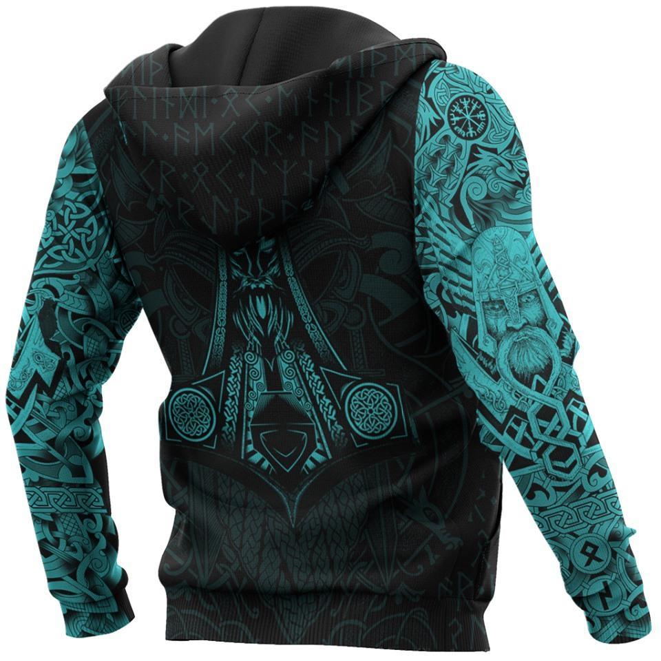 Blue Viking Raven Odin Tattoo Hoodie For Outdoor Adventures Travel And Powerful Everyday Styling