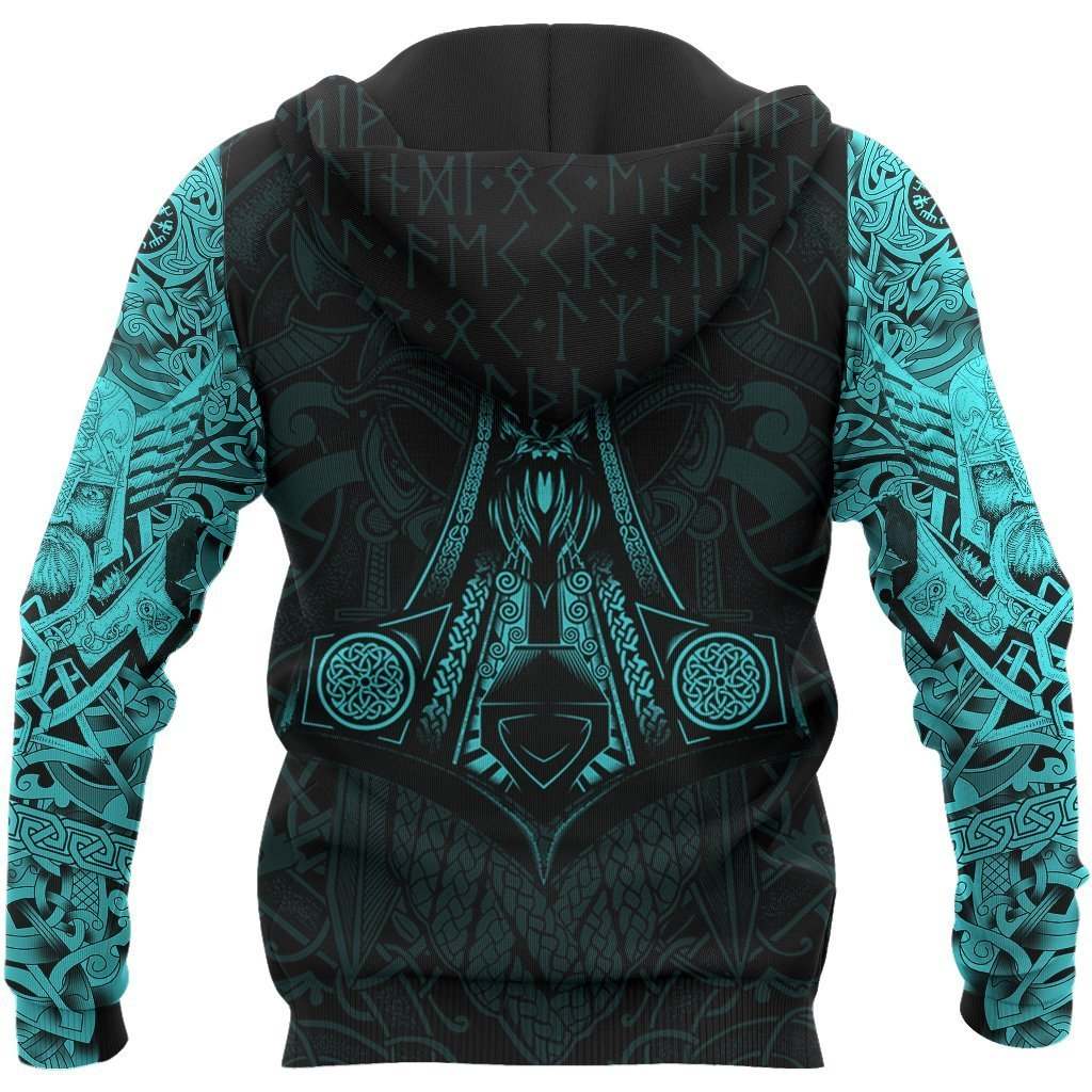 Blue Viking Raven Odin Tattoo Hoodie For Outdoor Adventures Travel And Powerful Everyday Styling