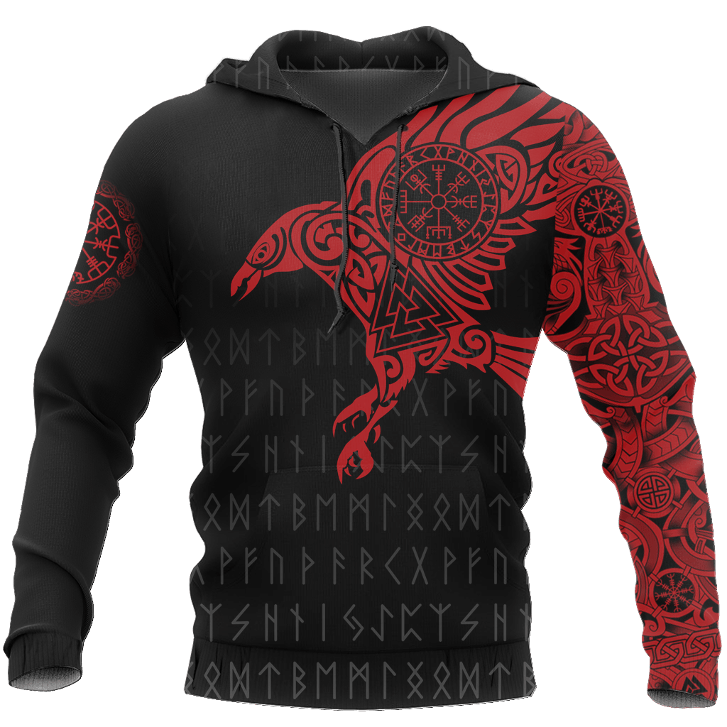 Red Viking Raven Odin Tattoo Hoodie For Norse Themed Outfits Weekend Travel And Relaxed Comfort