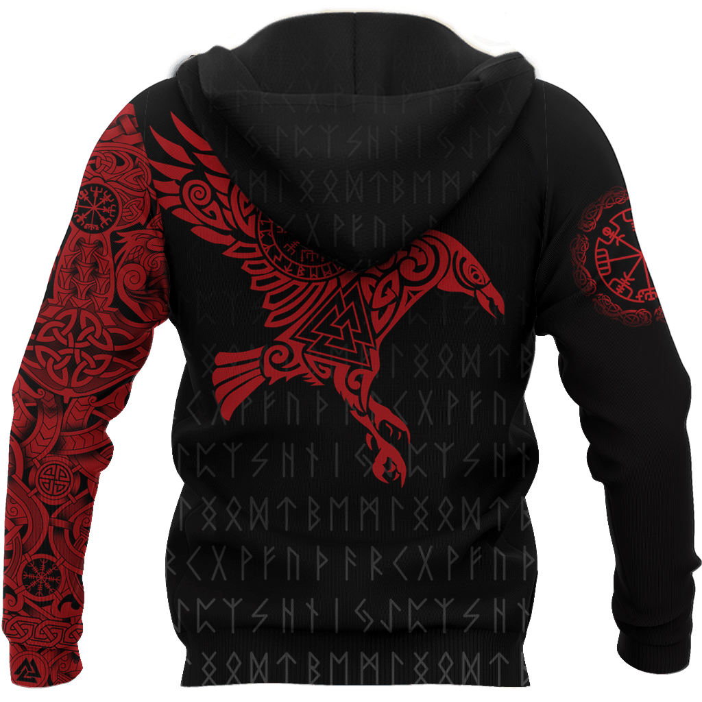 Red Viking Raven Odin Tattoo Hoodie For Norse Themed Outfits Weekend Travel And Relaxed Comfort