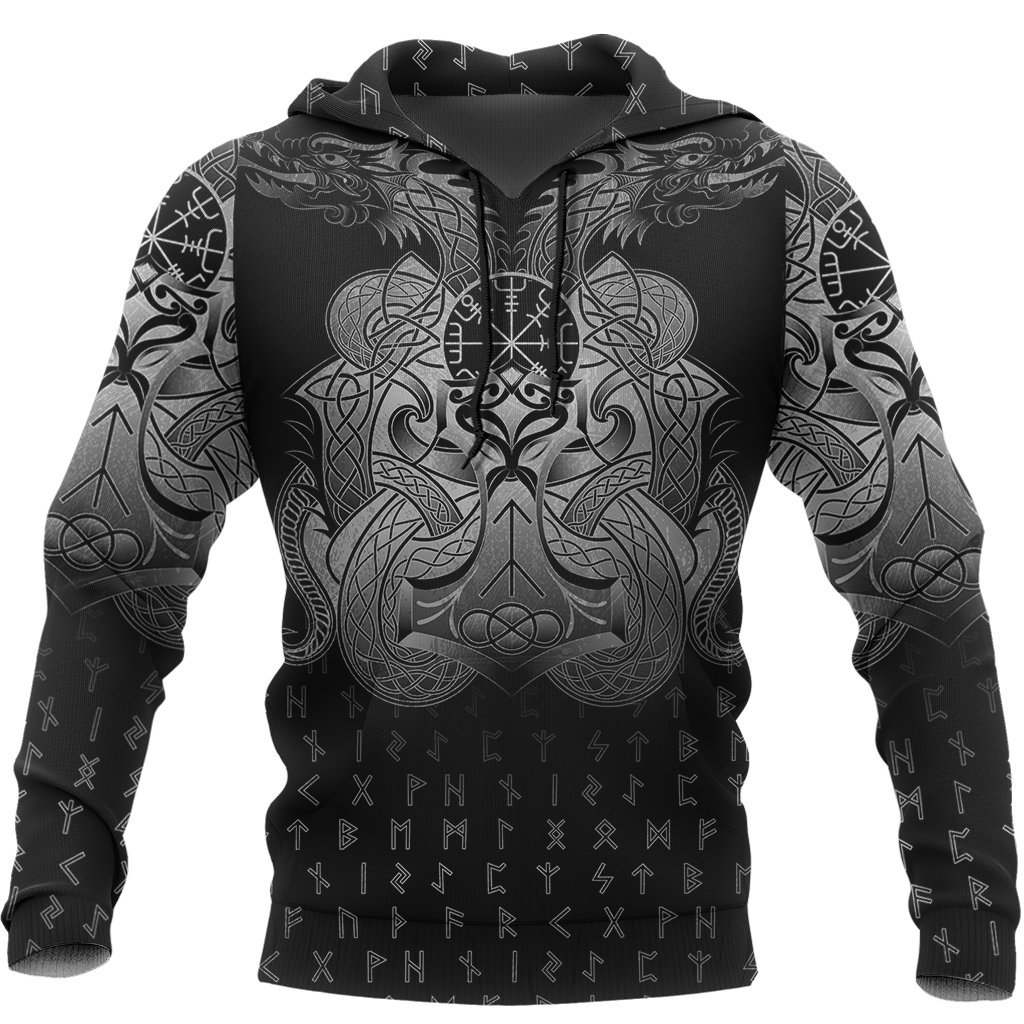 Vegvisir Mjolnir Dragon Norse Tattoo Hoodie For Norse Themed Outfits Weekend Travel And Relaxed Comfort