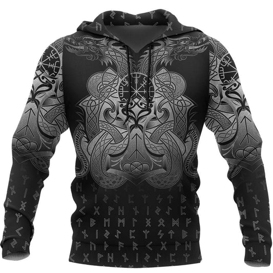 Vegvisir Mjolnir Dragon Norse Tattoo Hoodie For Norse Themed Outfits Weekend Travel And Relaxed Comfort