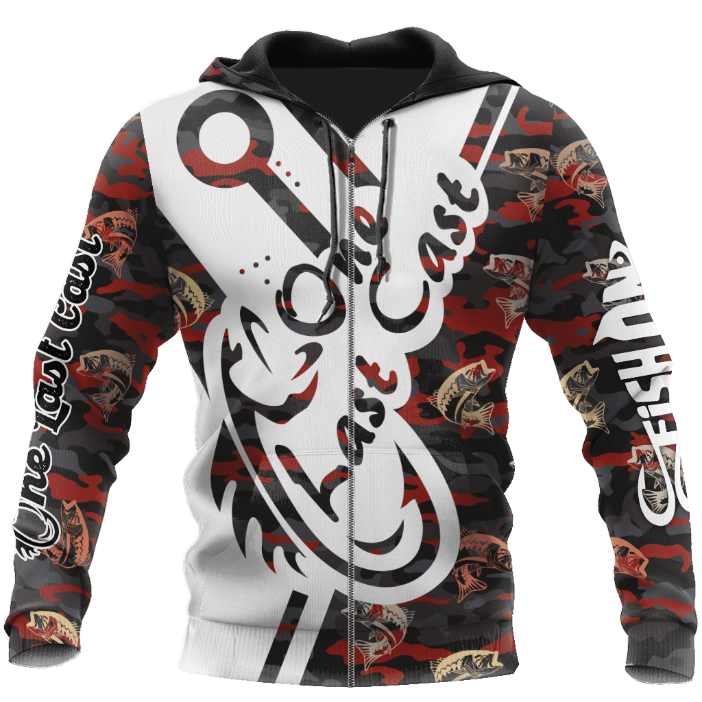 Red One Last Cast Camo Fishing Hoodie For Fishermen Camping Adventures And Comfortable Streetwear