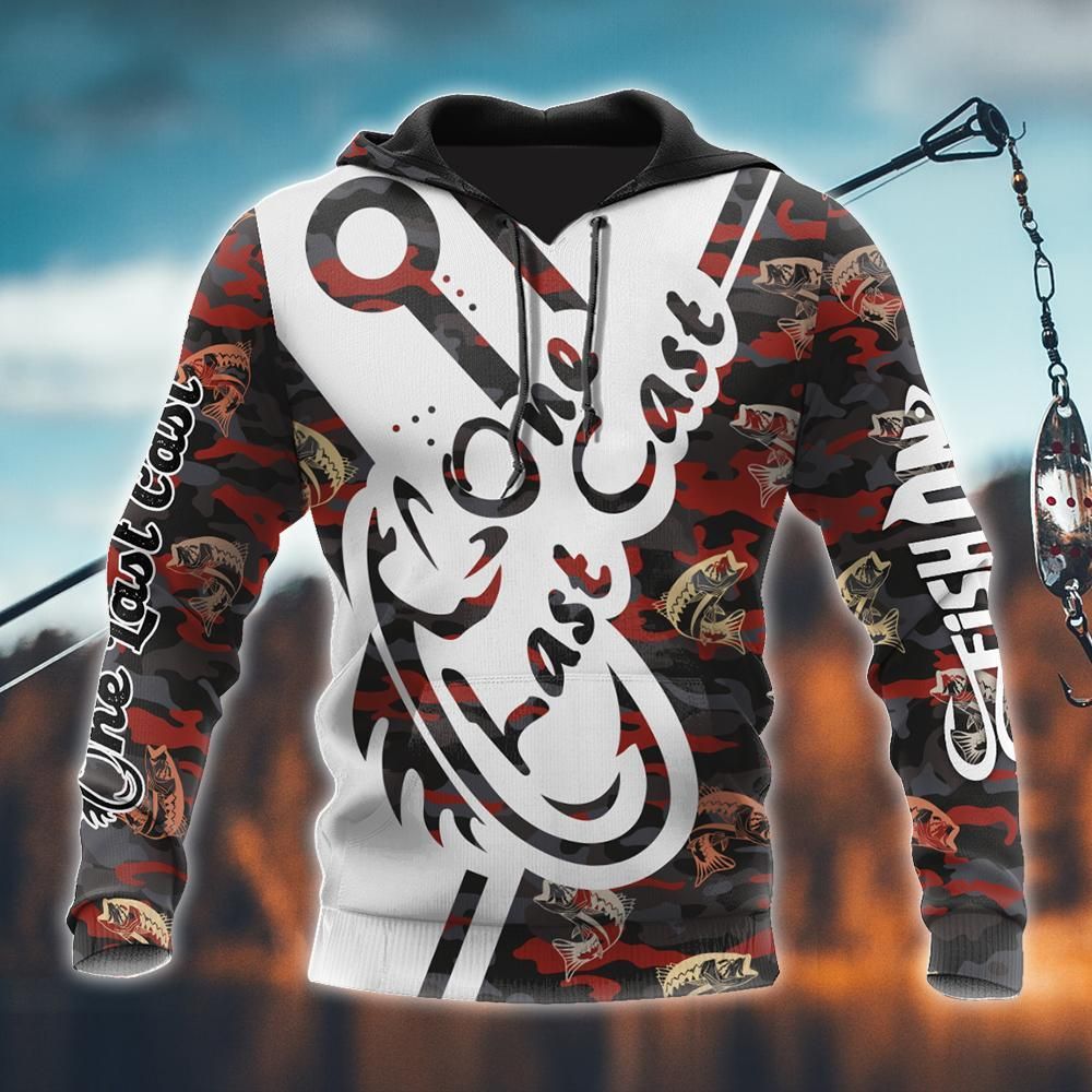 Red One Last Cast Camo Fishing Hoodie For Fishermen Camping Adventures And Comfortable Streetwear