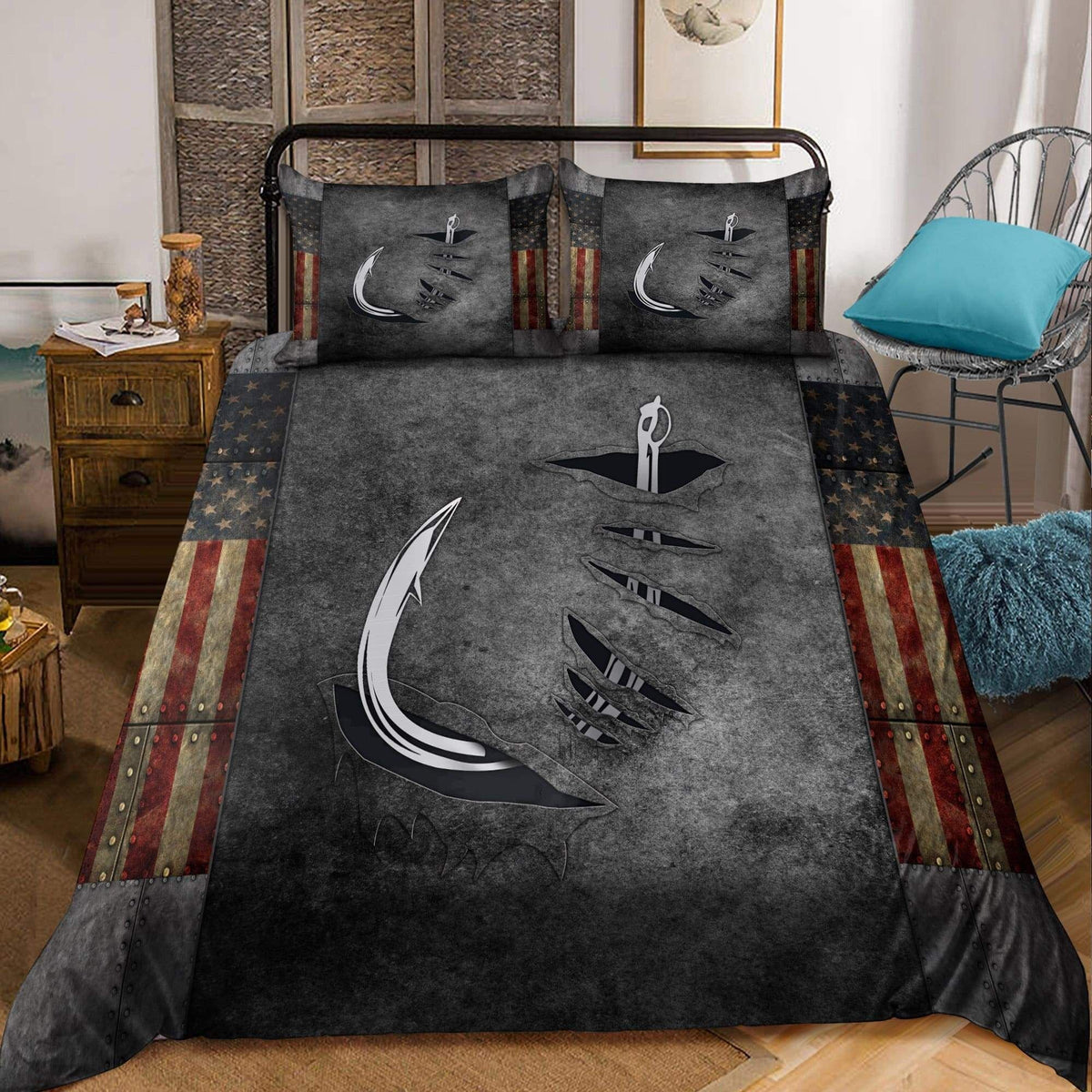 American Fishing Hook Bedding Cover For Outdoor Lover Bedroom Decor
