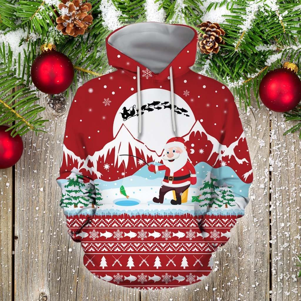 Red Santa Goes Fishing Christmas Hoodie For Festive Celebrations Seasonal Trips And Relaxed Winter Wear