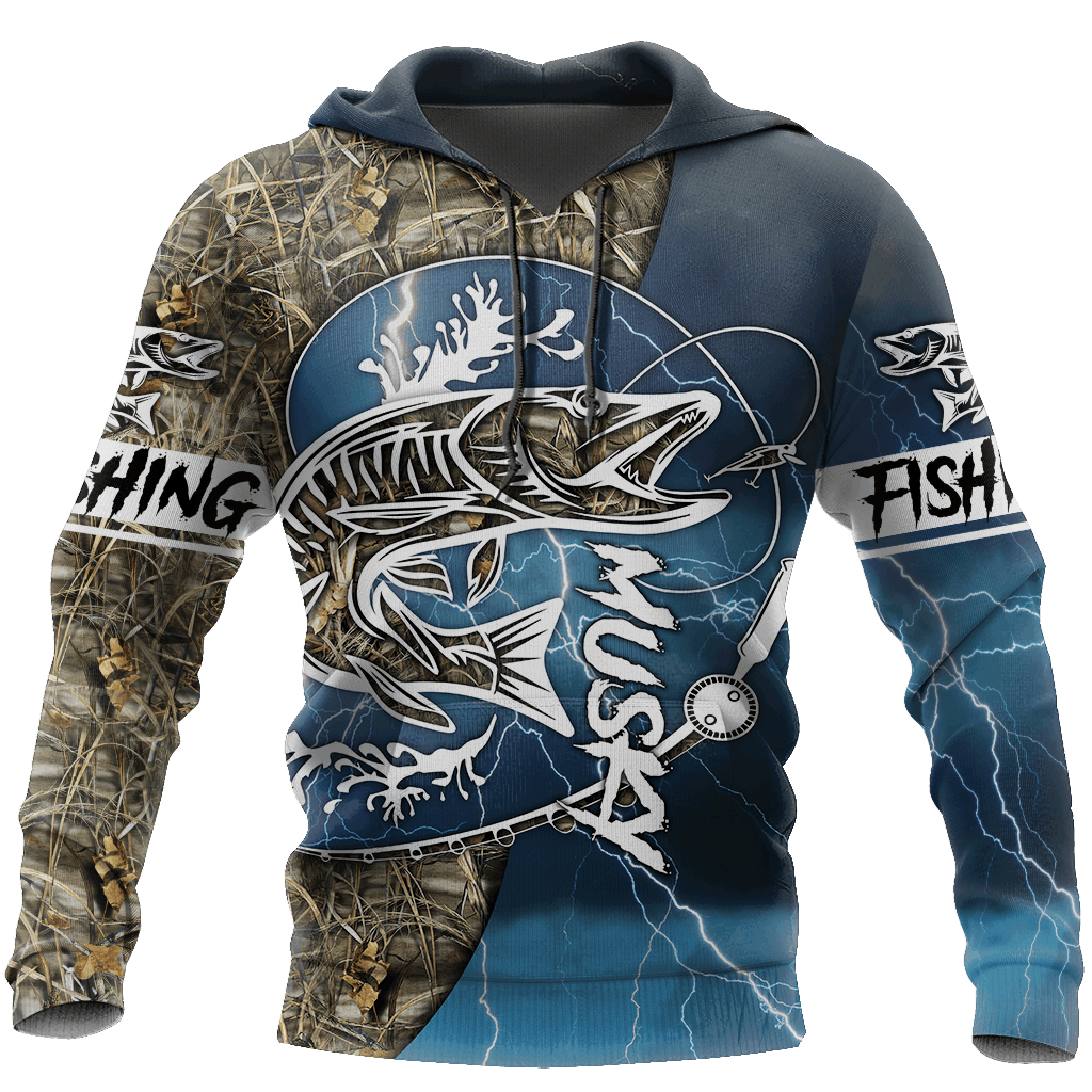 Blue Musky Fishing Hook Up Camo Hoodie For Fishermen Camping Adventures And Comfortable Streetwear